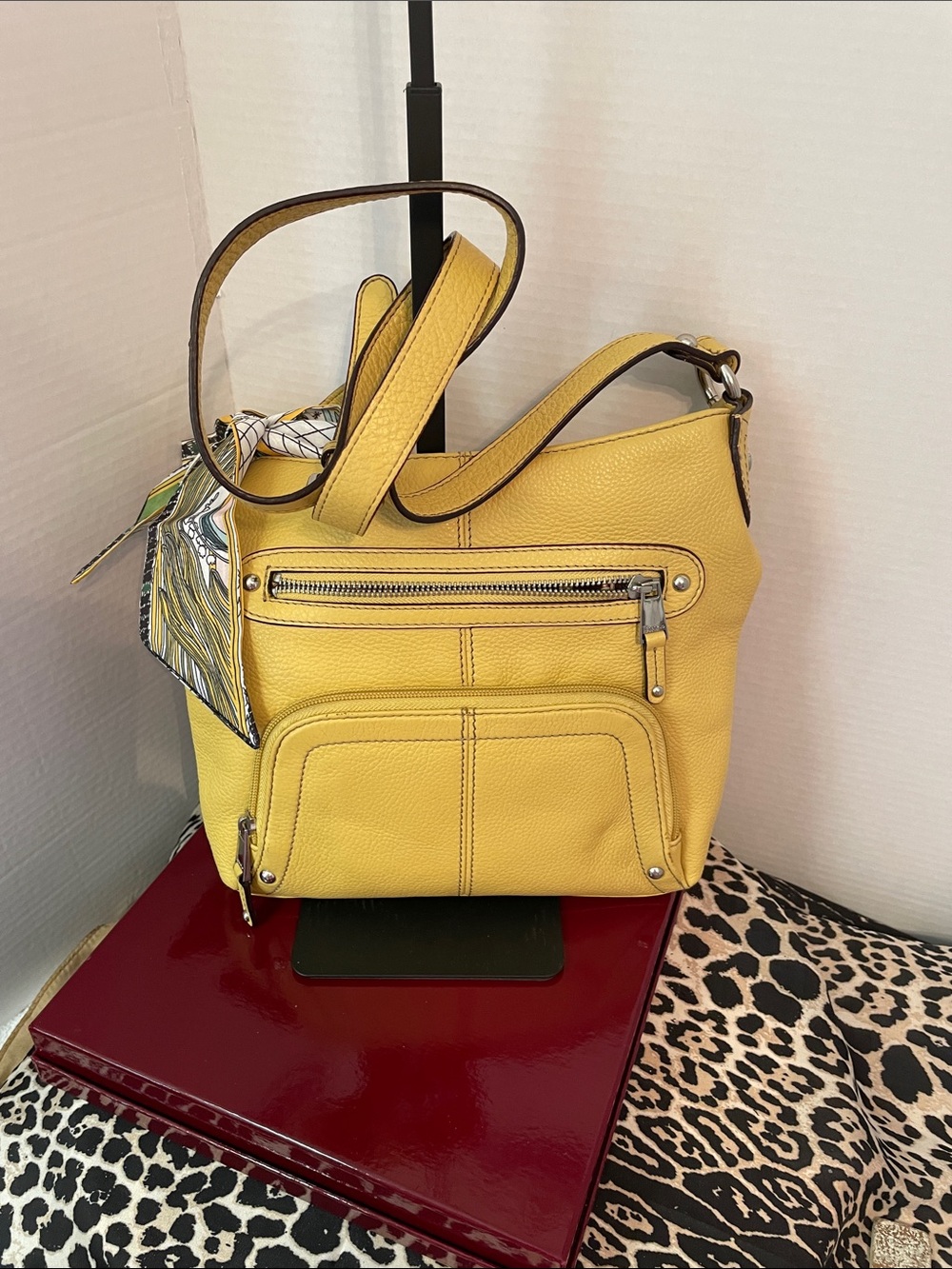 Tignanello Yellow Leather Shoulder Bag with Front Zip Pocket